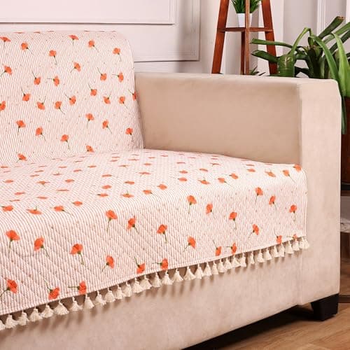 STITCHNEST Quilted Velvet Sofa Cover with Tassels – 48x60 Inch, Orange Floral Print with Stripes, Soft & Elegant, Washable Sofa Protector for 2-Seater