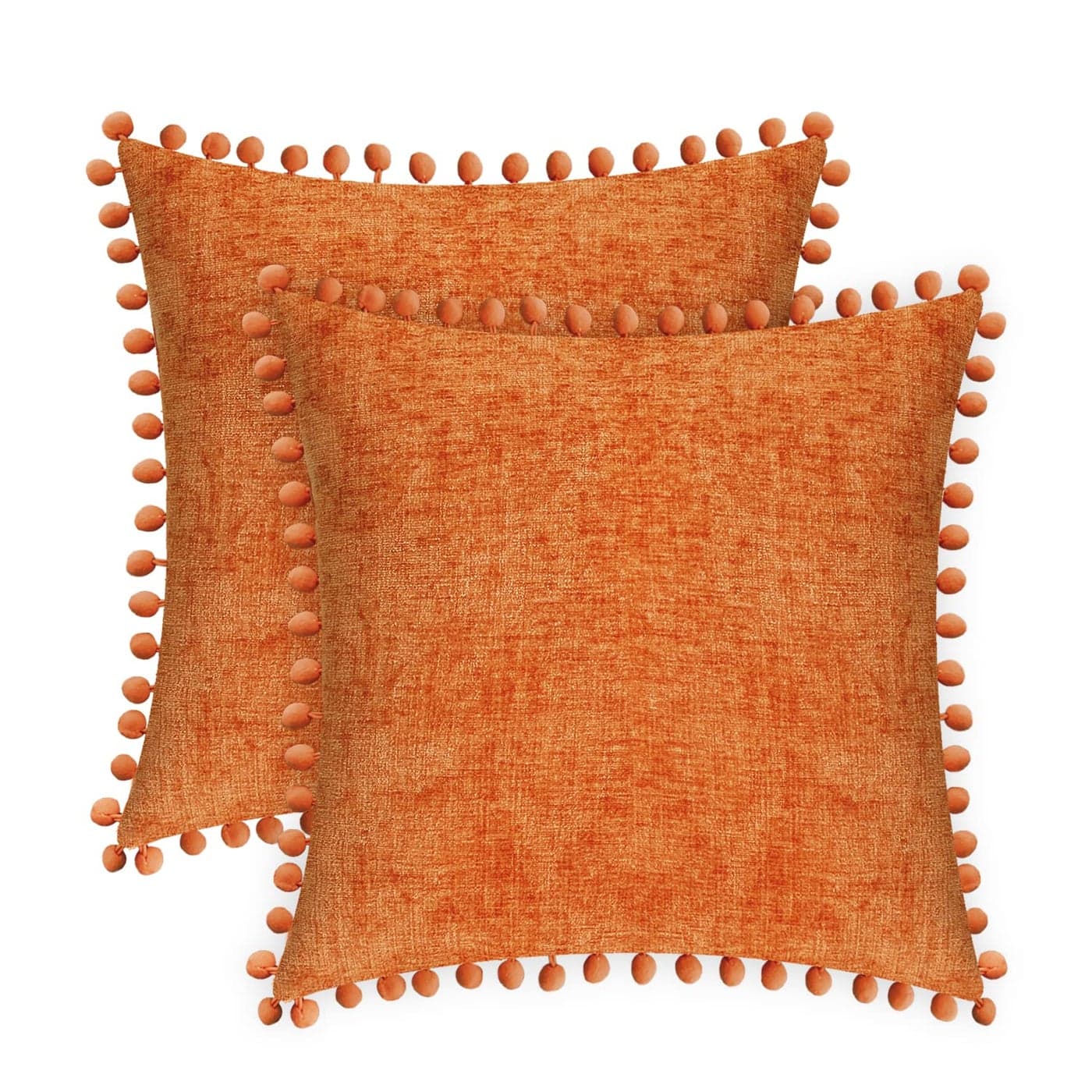 CaliTime Throw Pillow Covers Decorative 12 X 12 Inches Pack of 2 Cozy Solid Dyed Soft Chenille Cushion Cases with Pom Poms for Couch Sofa Bed Living Room Home Burnt Orange