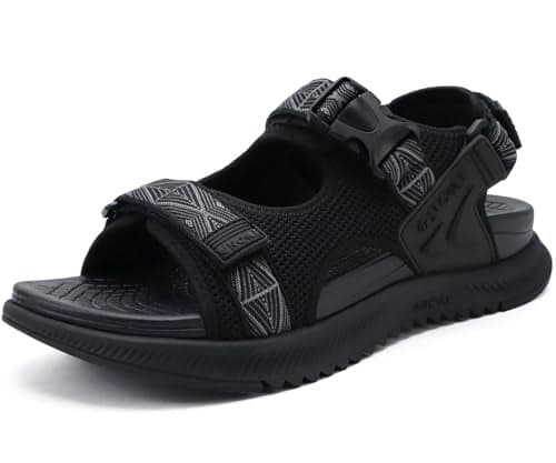 ONCAI Men's Hiking Sandals with Arch Support Mesh Athletic Walking Sandalias Summer Outdoor Cushion Thick Rubber Soles and Recovery Sports Fisherman Sandals Black Size 10.5