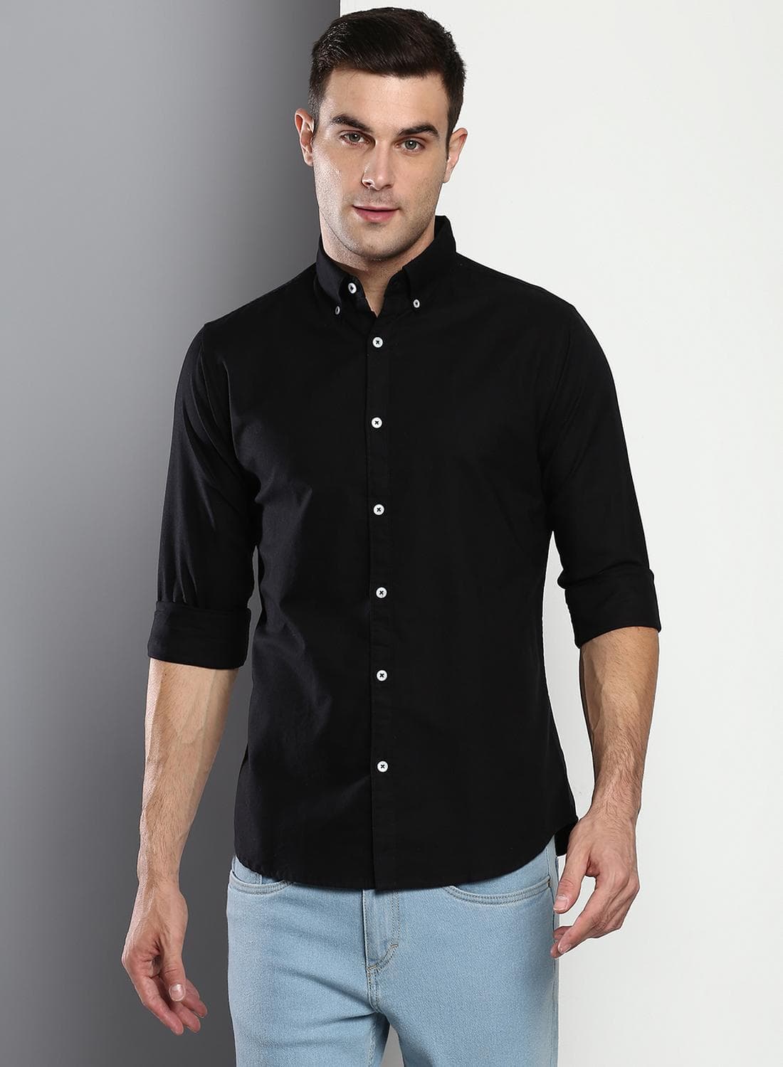 Men's Black 100% Cotton Solid Button Down Regular Fit Shirt