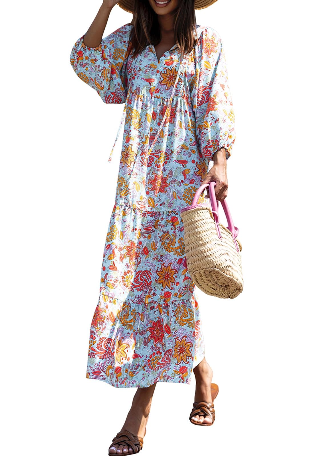 miduo Womens Maxi Dress Short Sleeve V Neck Summer Spring Fashion Loose Floral Beach Bohemian Long Maxi Dresses S