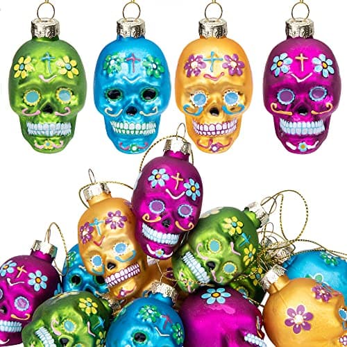 Watayo 12 PCS Day of The Dead Glass OrnamentsDia De Los Muertos Sugar Skull OrnamentsHalloween Hanging Skeleton Head Decorations for Party Xmas Tree Decoration