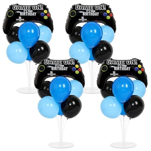 4 Sets Video Game Birthday Party Balloons Stand Kit with Game Handle Foil Balloons Black Blue Party Ball Balloon Centerpiece for Tables for Boy Girl Video Gamer Gaming Birthday Baby Shower Decoration