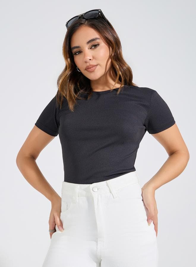 Ribbed Fitted Round Neck Plain T-Shirt