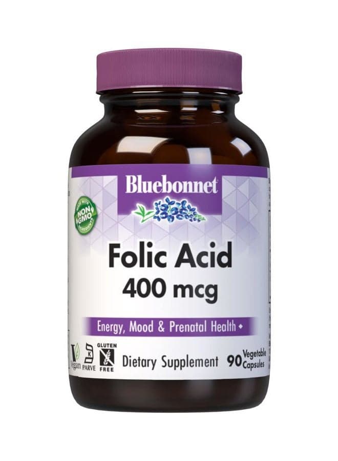 Bluebonnet Nutrition Folic Acid 400 mcg, Prenatal & Postnatal Health*, Non-GMO, Vegan, Kosher Certified, Gluten-Free, Soy-Free, Dairy-Free, 90 Vegetable Capsules, 90 Servings