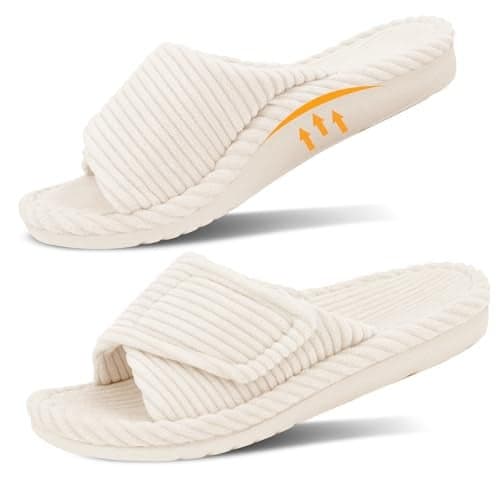 GRITHEIM Women's Orthopedic Arch Support Slippers Fuzzy Adjustable Orthotic Slippers for Plantar Fasciitis Ladies Furry Supportive Corduroy Memory Foam Open Toe Gift Slide (Beige, US 8 Medium)