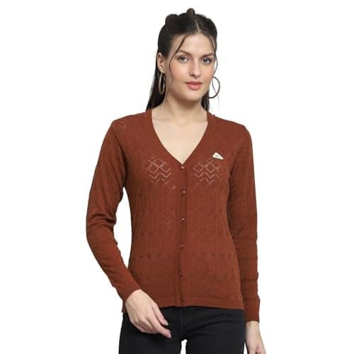 Monte Carlo Womens Self Design Brown V Neck Full Sleeve Cardigan_1243548VN-191