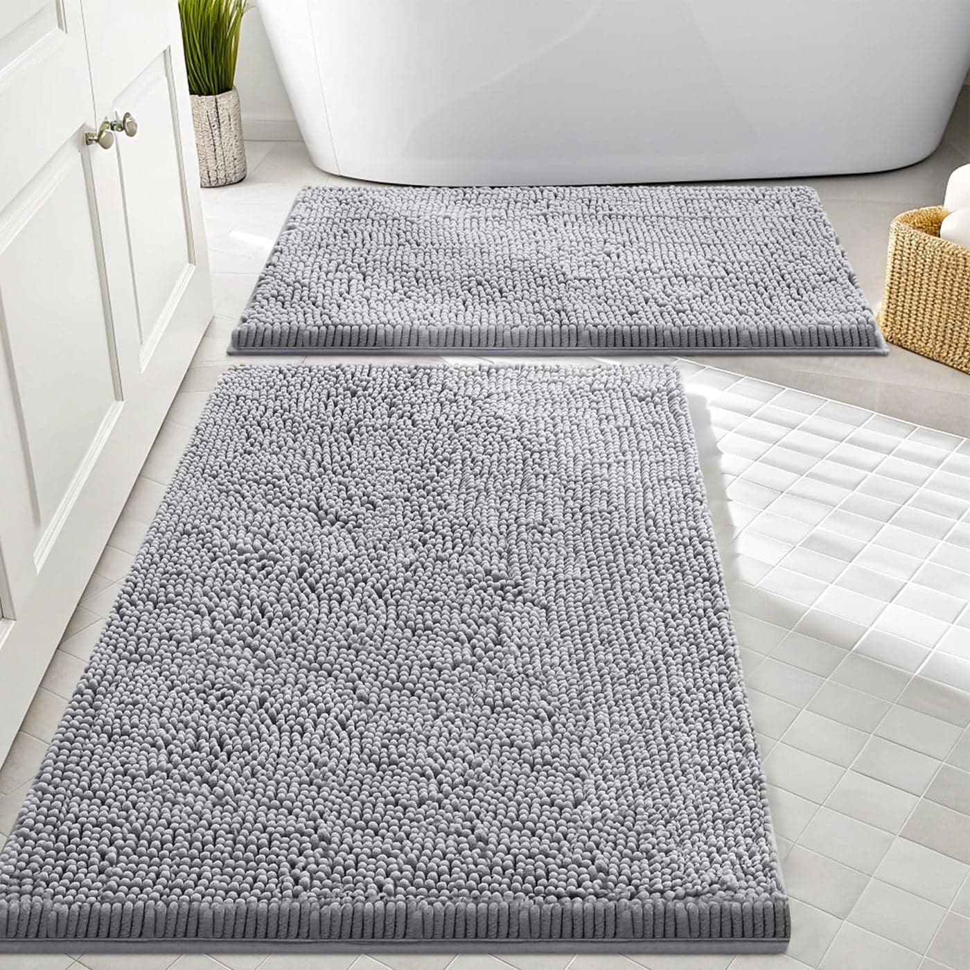 Smiry Bathroom Rugs Sets 2 Piece Soft Absorbent Chenille Machine Washable Non Slip Shaggy Bath Rug Set for Tub Shower and Floor 30x2024x16 Grey