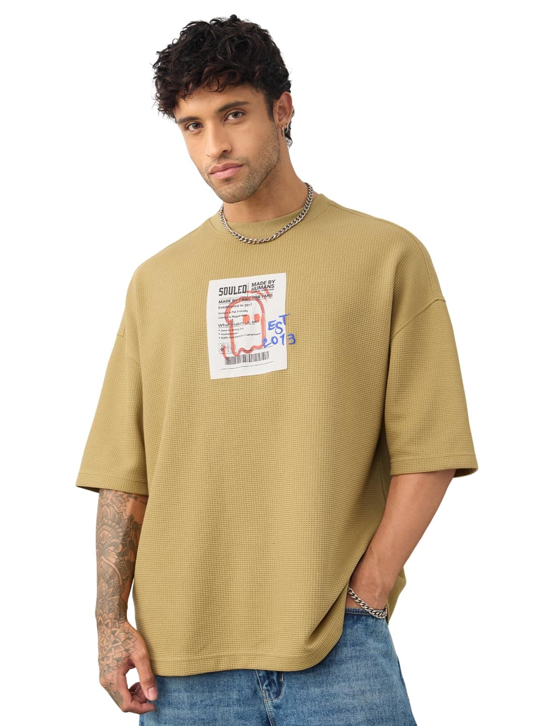 The Souled Store Souled Originals: Scribble Bill Men and Boys Short Sleeves Beige Round Neck Embroidered Waffle Knit Drop Shoulder Super Oversized T-Shirt