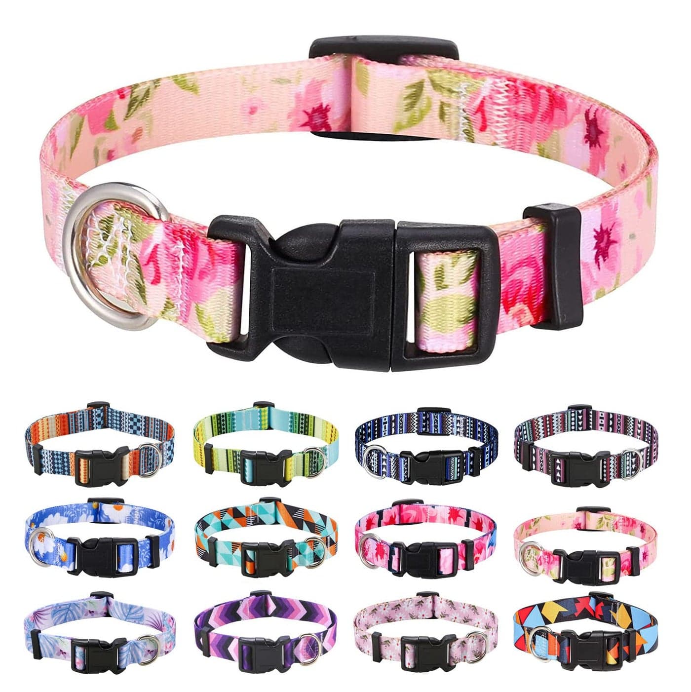 Mihqy Dog Collar with Bohemia Floral Tribal Geometric Patterns - Soft Ethnic Style Collar Adjustable for Small Medium Large Dogs( Pink Rose, M )