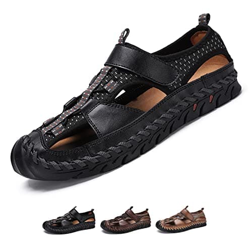 Optigard Men's Genuine Leather Hand Stitching Fisherman Sandals,Outdoor Casual Closed Toe Breathable Hiking Sandals Sport Walking Water Shoes (8,Black,Male)