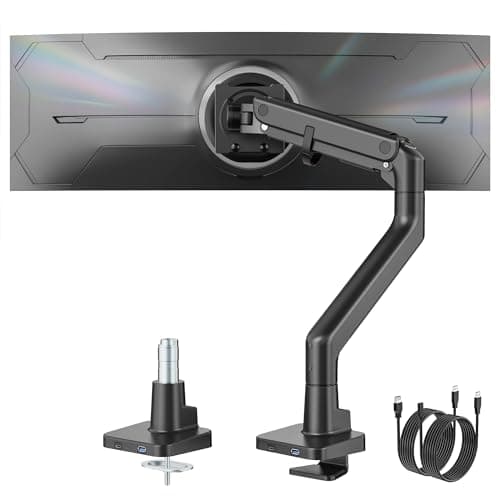 monTEK Single Monitor Arm with USB AC Ultrawide Monitor Stand for 17 to 57 Inch Curved Screen Holds 594 lbs Adjustable Gas Spring Arm 75100 VESA Mount Clamp Grommet Desk Mount Black