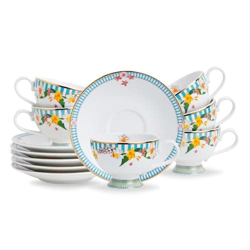 Shay Ceramic Tea Cup Saucer Set, Set of 6, Nargis | Cup Set for Tea | Glossy Finish (Cup Saucer Set of 6 - Nargis)