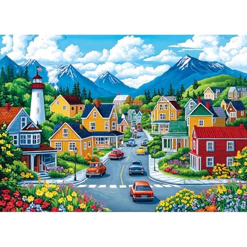 MINIWAN Colorful Coastal Mountain Town 1000 Piece Jigsaw Puzzle for Adults Sunny Small Town Lighthouse Mountain Landscape Jigsaw Puzzle Gift for Landscape Puzzle Lovers 275x197 Inch