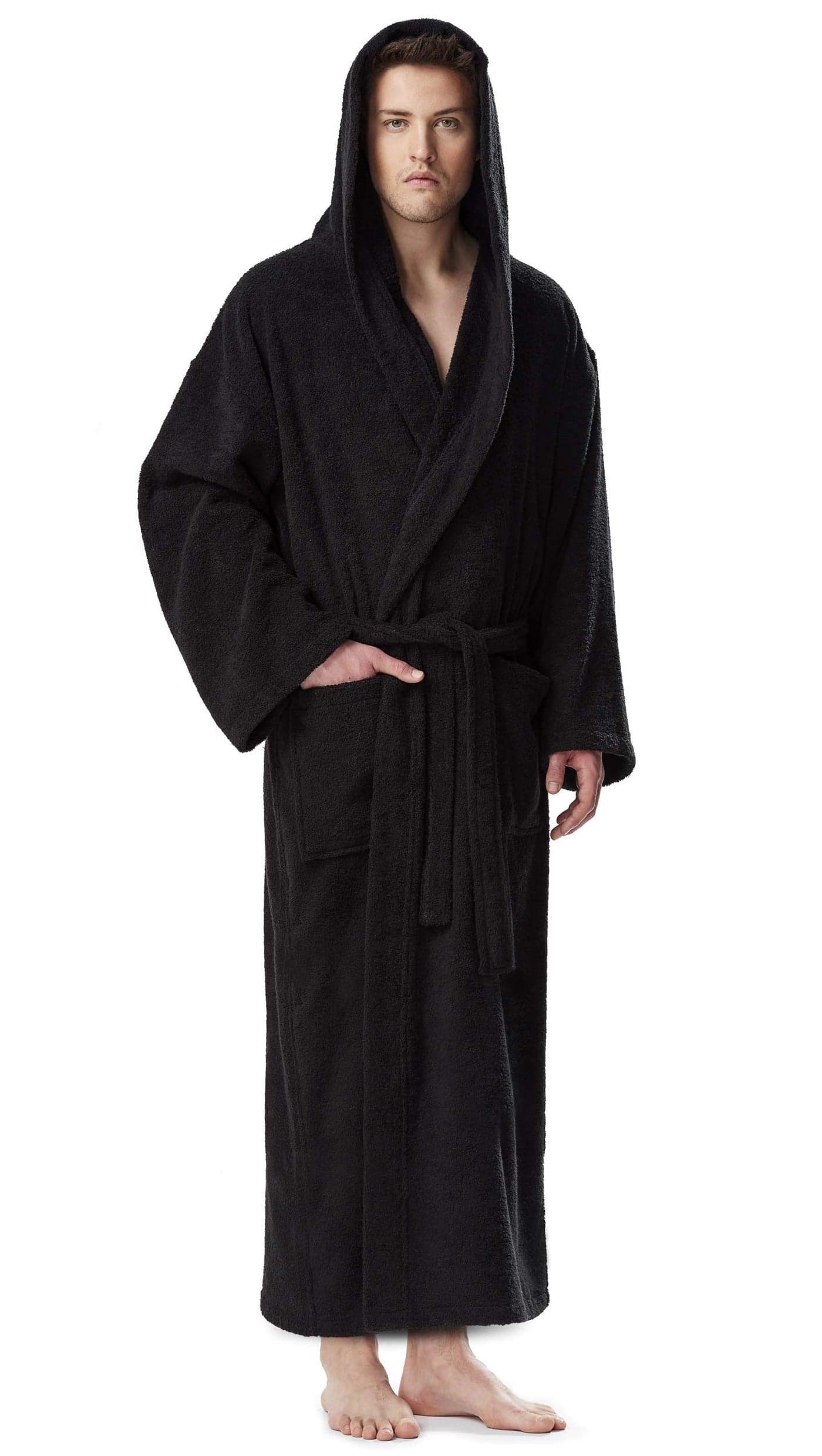 Arus Mens Hooded Classic Turkish Cotton Bath Robe with Full Length Options Black LargeXLarge
