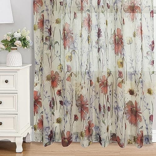 OWENIE Crushed Sheer Curtains 63 Inches Length 2 Panels Set, Sheer Floral Curtians with printed Design, Printing Drapes on Sheers for Living Room, Rod Pocket Light Filtering Window Sheers 42" W x 63"L