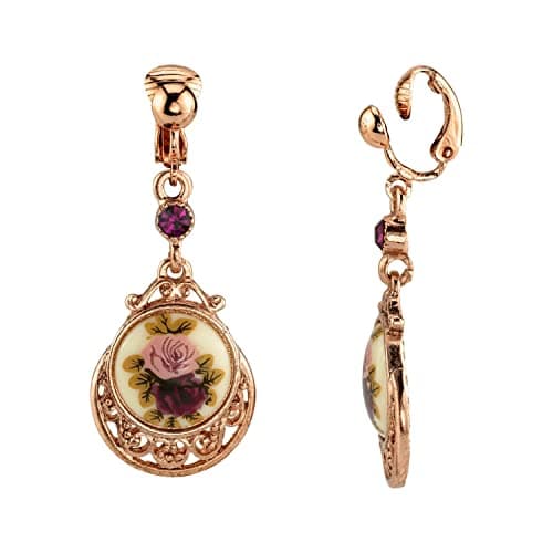 1928 Jewelry Manor House Rose Purple Crystal Flower Clip On Drop Earrings, Non Piercing Ear Rings, Pierceless Snap On, Romantic Roses Vintage Victorian Inspired Aesthetic, 14K Gold Dipped, Made In USA