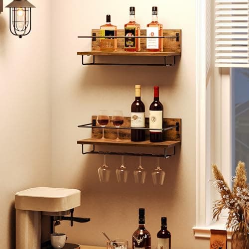 HOOBRO Wall Mounted Wine Rack 2 Pack, Wine Shelf Hanging Floating Wall Shelves, Wine Glass Bottle Rack Stemware Holder, for Living Room, Dining Room, Kitchen, Rustic Brown and Black BF28BJ01