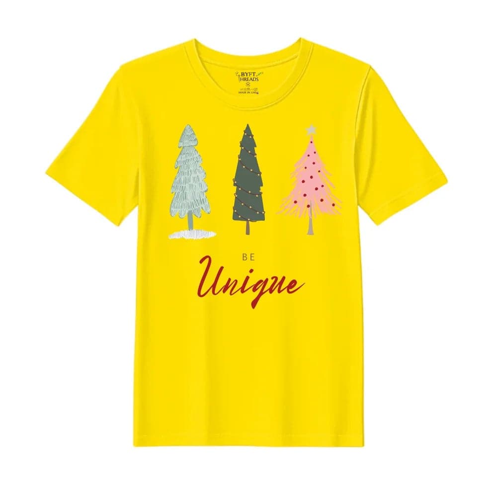 BYFT Threads Medium Yellow Polycotton T-Shirt - Christmas "Be Unique" Printed Design, Premium Holiday Collection