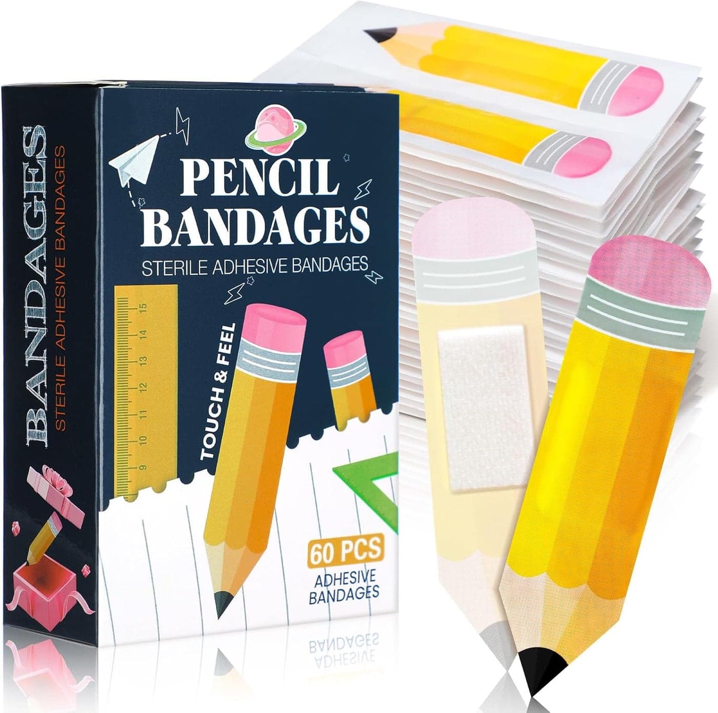 Geiserailie 60 Pcs Kids Pencil Bandages with Gift Box Back to School Party Favors Surprise Self Adhesive Cute Pencil Bandages for Minor Cuts Scrape Kid First Aid Kit First Day of School Classroom Gift