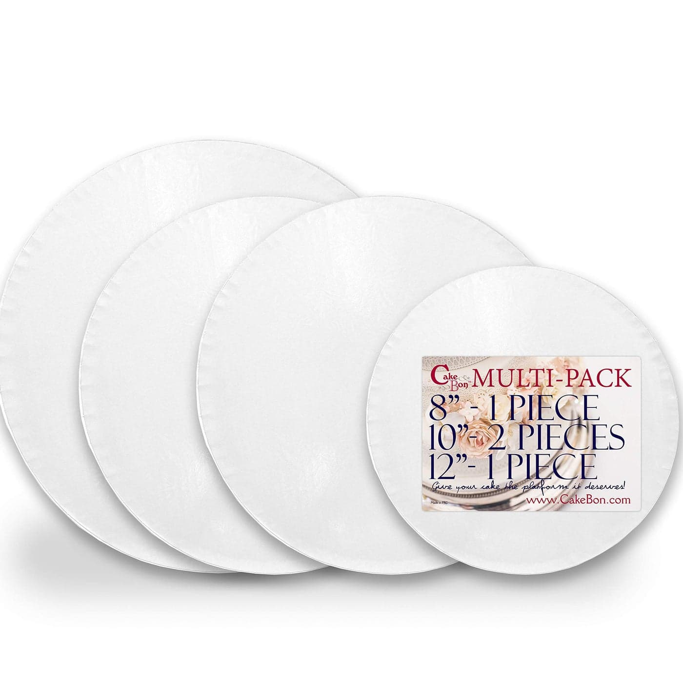 Cakebon Cake Drum Set Round 8 Inches 2 x 10 inches 1 x 12 inch Sturdy 12 Inch Thick Fully Wrapped Edges White