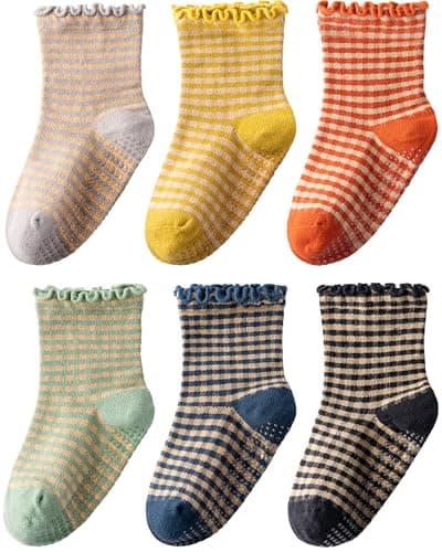 HONGTEYA 6 Pairs Toddler Ruffle Socks for Girls Non Slip Baby Socks with Grips for 1-2 Years 3-4 Years 5-6 Years Girls Boys (US, Age, 5 Years, 6 Years, Plaid 6 Pairs)