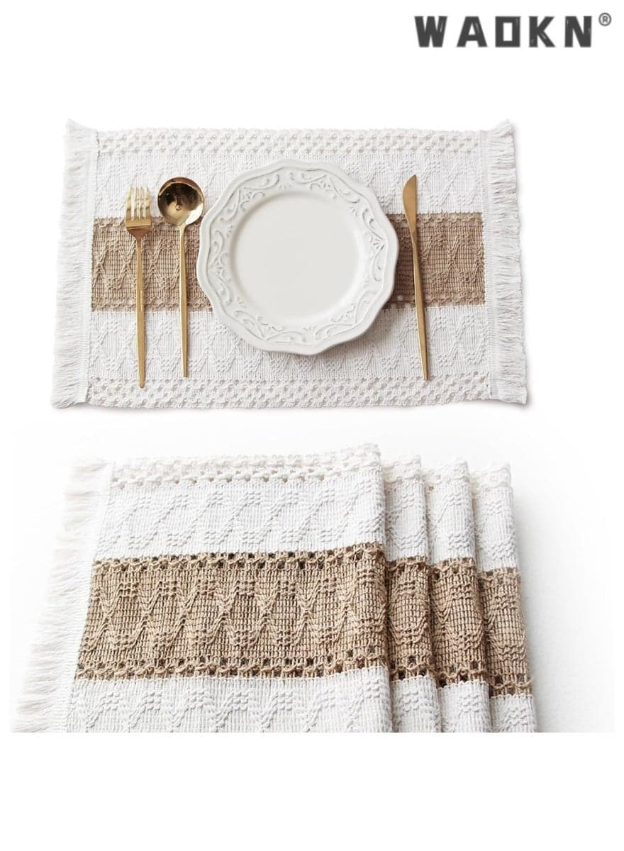 Placemats Set of 4, Natural Cotton Burlap Placemat Heat-Resistant 20x12in, Boho Woven Linen Non-Slip Washable Table Mat, Easy to Clean Premium Table Mats for Dining, Kitchen, Decor