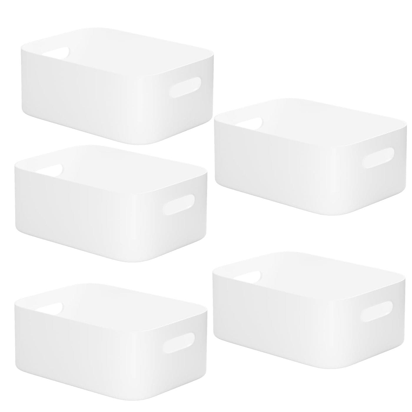 WH 5 PCS White Plastic Storage Baskets with Handle Medium Kitchen Cupboard Organiser Box Storage Boxes for Shelves Plastic Boxes for Bathroom Kitchen Office School and Toy 251710cm