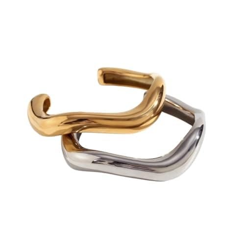 Aaishwarya Set of 2 Shiny Bold Chunky Gold & Silver Plated Anti-Tarnish Wavy Open Cuff Bangle Bracelet for Women & Girls | Adjustable Statement Wristwear | Fashion Gift Jewelry