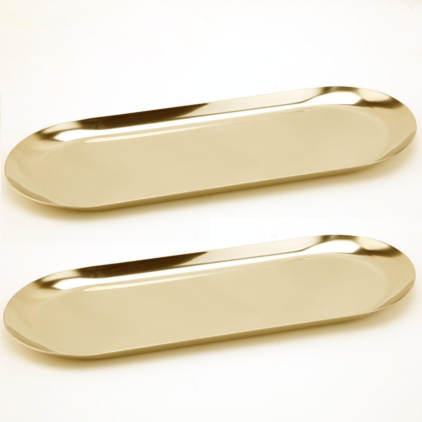 Fermus Stainless Steel Decorative Tray Set of 2 12 Inch Long Jewelry Dish Cosmetics Organizer Bathroom Clutter Serving Platter Small Storage Tray Oval Gold