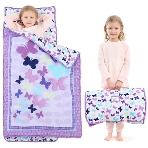 UOMNY Toddler Nap Mat Girls Kids Nap Mats with Removable Pillow and Blanket Butterfly Toddler Sleeping Bag for Preschool Daycare Purple 53x21 Inch