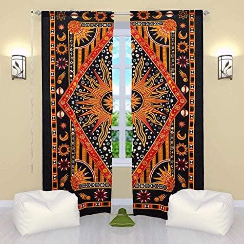 Popular Handicrafts Indian Burning Sun Hippie Mandala Window Curtains Gypsy Bohemian Sun Moon Beautiful Drapery Bedroom Living Room Balcony Valance Panels Golden