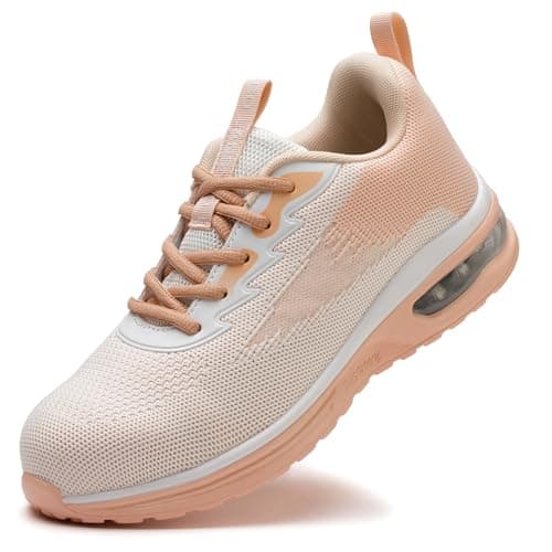 LANSNBO Steel Toe Shoes for Women Lightweight Breathable Safety Work Sneakers Non Slip Puncture Proof Utility Slip On Footwear for Industrial ConstructionFen Bai 385 Pink White