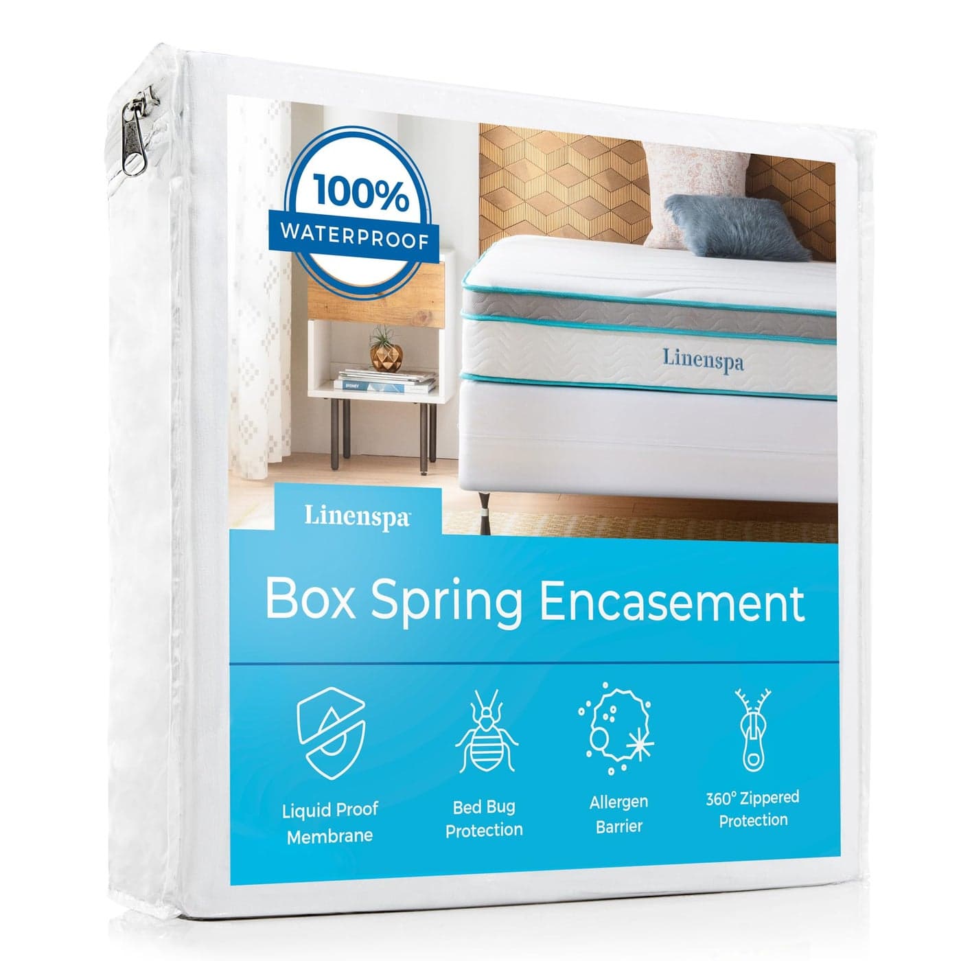 LINENSPA Box Spring Encasement Twin XL Size Box Spring Cover Zippered and Waterproof Protector Complete Protection White