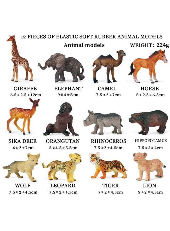 12PCS Soft Rubber Solid Wild Animal Baby Set , Simulation Mini Animal Figures , Include Tiger, Lion, Elephant, Rhino, Hippo, Giraffe etc , Educational Cognitive Toys , Micro Cake Topper Decor , Children's Party Birthday Gift