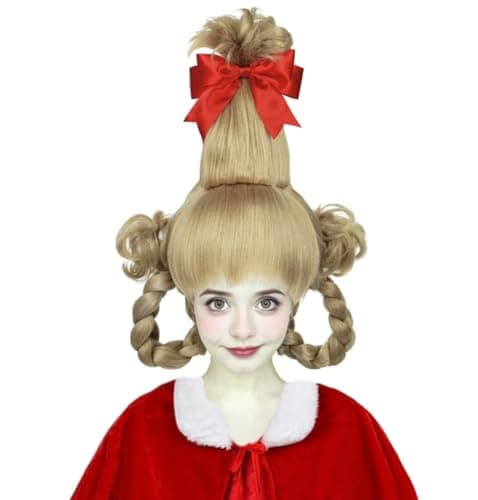 Half and Half Blonde Cindy Costume Wig with Bangs Pre-Syle Braided Wigs + Redbow-knot + Wig Cap for Women Christmas Halloween Party