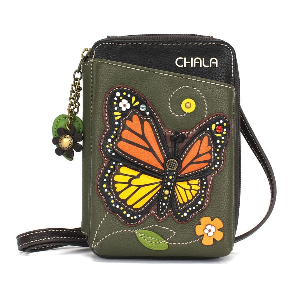 CHALA Wallet Crossbody Cell Phone Purse Women Faux Leather Multicolor Handbag with Adjustable Strap Monarch Butterfly olive