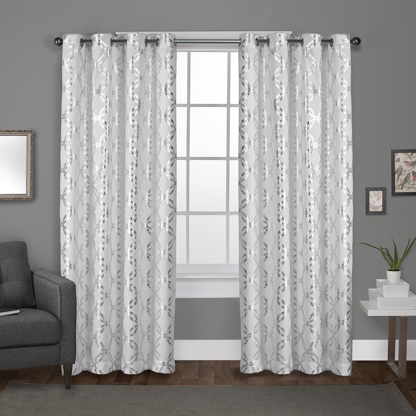 EXCLUSIVE HOME Modo Metallic Geometric Grommet Top Curtain Panel Pair 54x96 Winter White