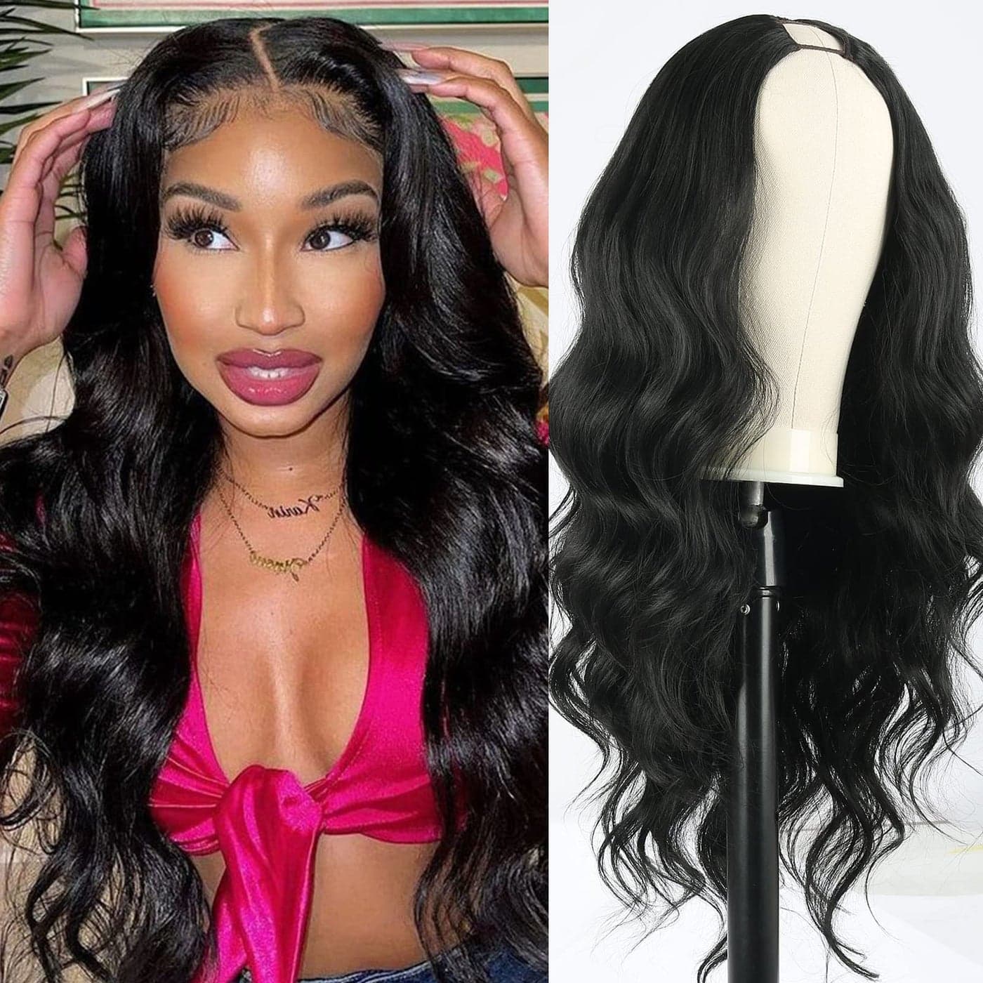 SCENTW V Part Wig Body Wave Synthetic Wigs for Women 24inch Black Hair V Part Wigs Upgrade U Parts Wig Glueless Full Head Clip in Half WIG for Black Women V Shape No Leave Out Thin Hair