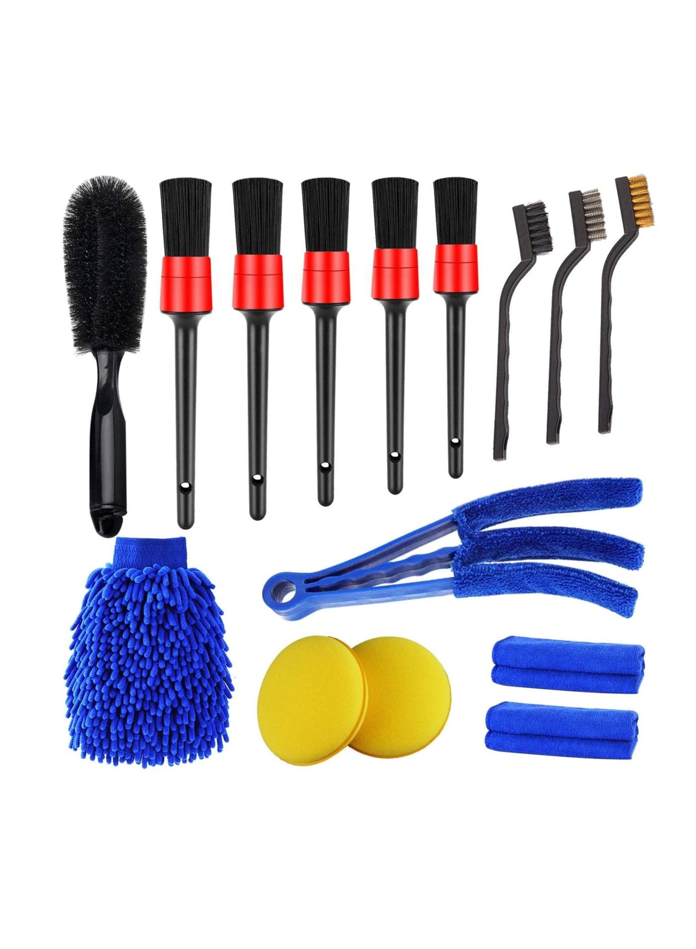 15 PCS Car Detailing Brush Set Car Cleaning Kit for Wheels Engine Console Dashboard Air Vent Leather Detail Brushes Wheel Brush Wash Mitt Vent Brush Wax Applicator Pads Towels Wire Brushs
