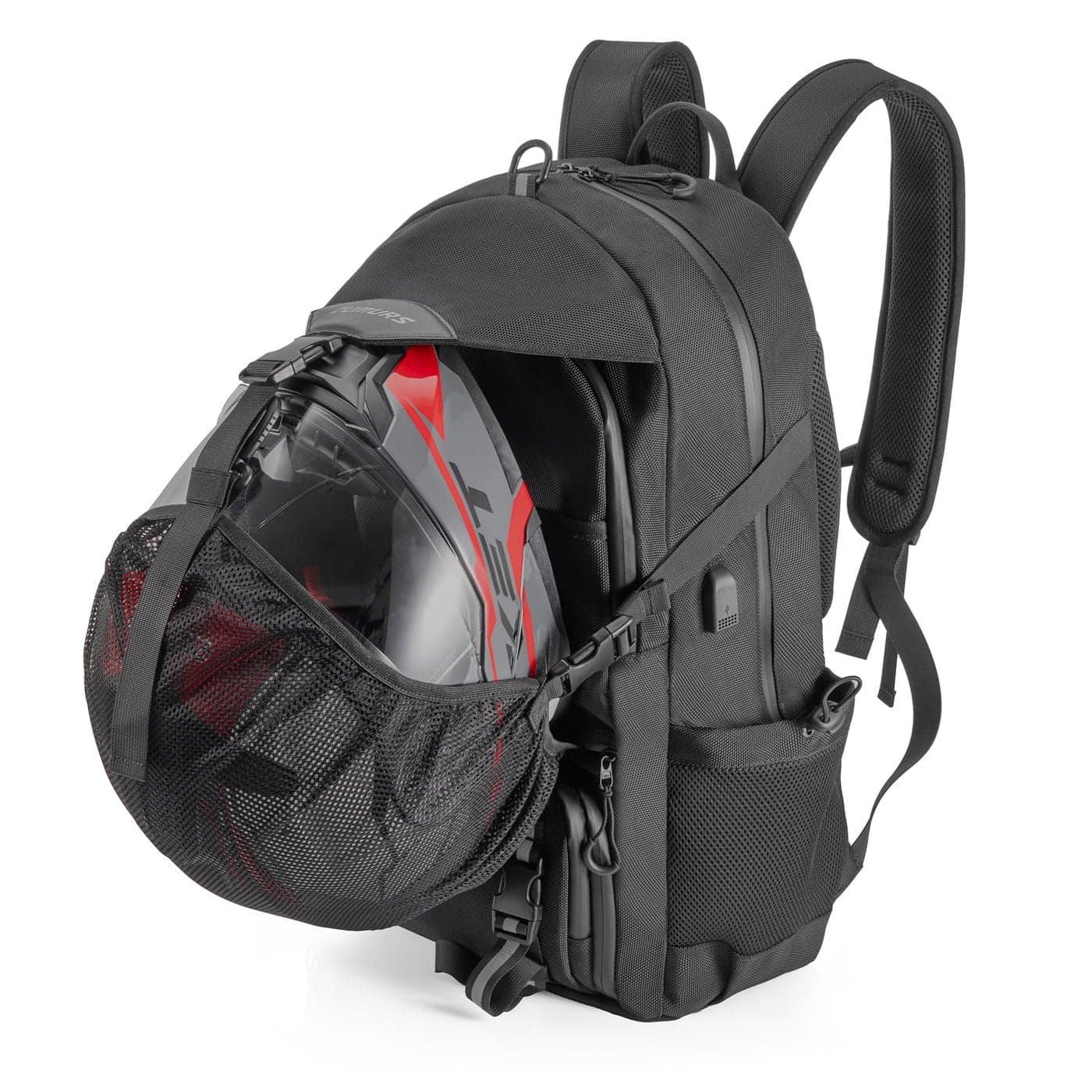 Oumurs Motorcycle Helmet Backpack 50L Black WaterResistant 1680D Oxford Fabric Expandable Motorbike Helmet Bag Reflective Helmet Strap USB Large Capacity Long Distance Travel Backpack