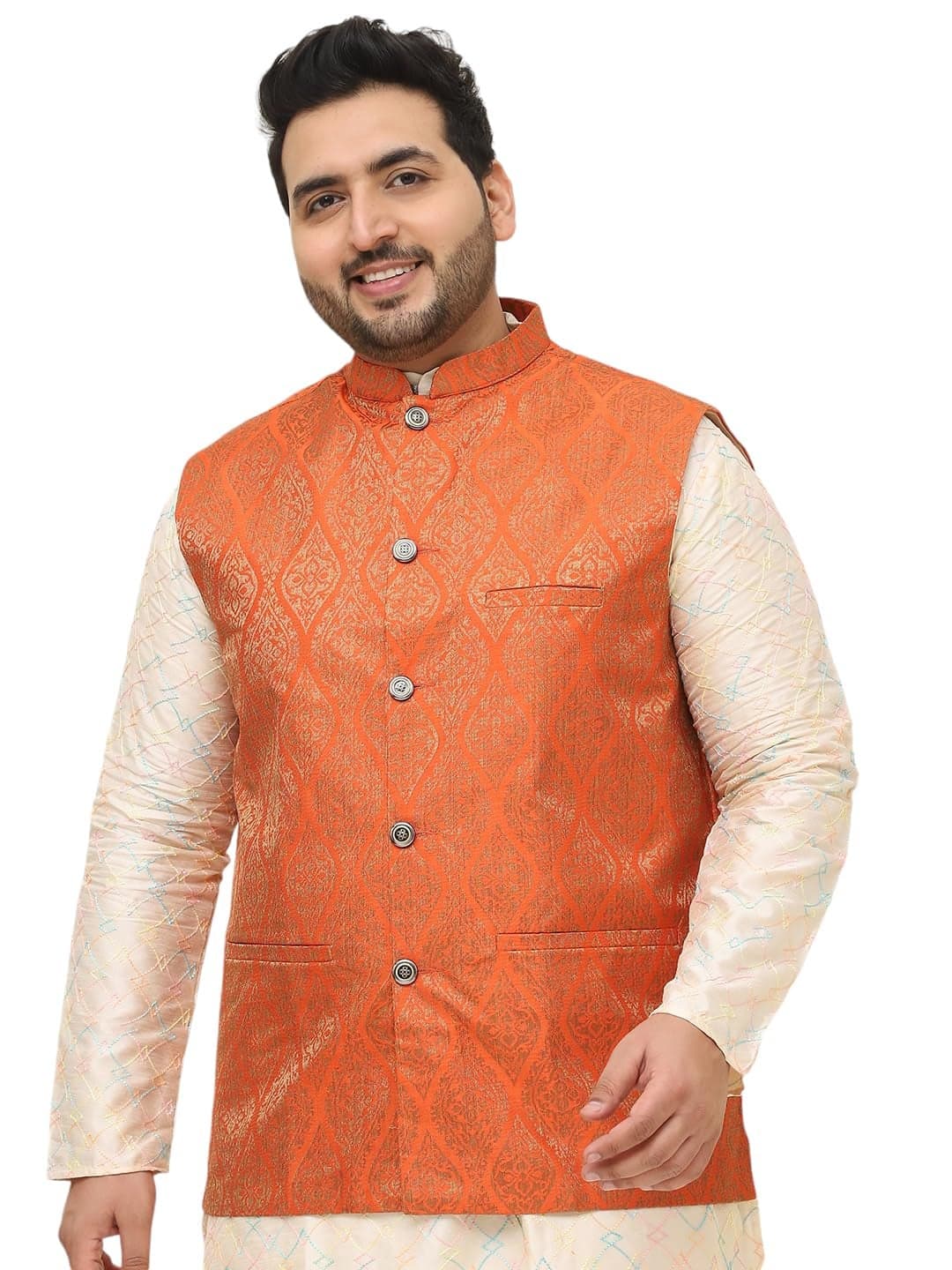 SOJANYA Plus (Since 1958) Men's Jacquard Silk Self Design Orange ONLY Nehrujacket