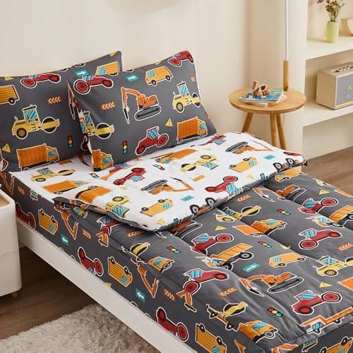 Anibedding 3Pcs Zip Up Bedding Comforter Set for Boys, Grey Vehicle All in One Zipper Full Bedding Set with Pillowcase for Kids