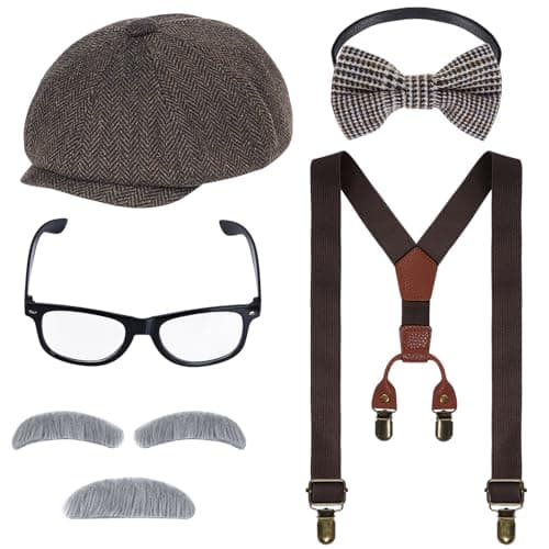 Kids Old Man Costume 100 Day of School Grandpa Costume for Boys 1920s Old Man Outfit Halloween Old Man Costume Dress Up Set Including Hat Bow Tie Beard Eyebrow Suspenders Glasses for Kids Boy