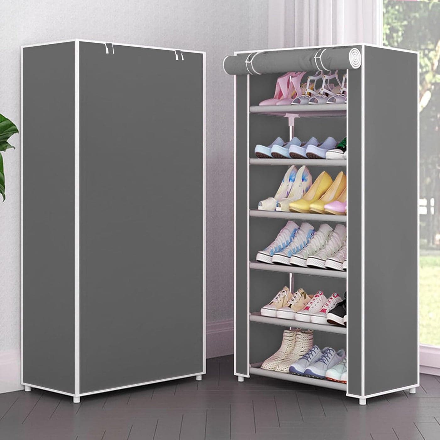 Jaffix Shoe Rack Stand for Home Multipurpose Storage Organizer Lightweight with Iron Pipes Dust Proof Cover Cotton Printed Shoe Rack Organizer Stand Gray 6 Layer