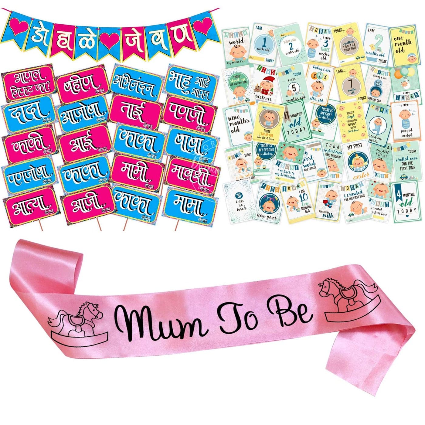 Wobbox Marathi Baby Shower Decoration Items| Baby Shower Ceremony Photo Booth Props for Photoshoot, Baby Shower Banner& Mom to Be Sash with Milestone Card, Godh Bharai Ceremony Decoration Kit-(FP243)