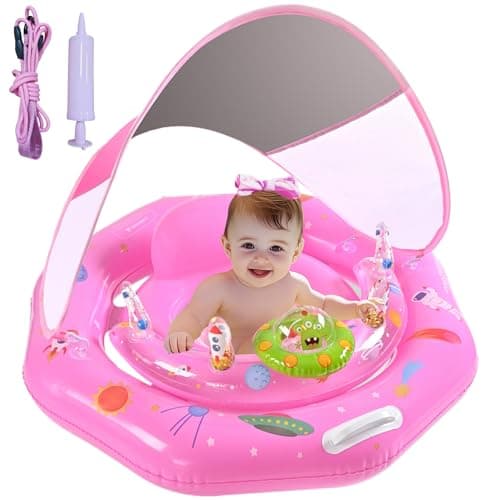 Baby Pool Float with Canopy UPF50 Sun Protection Inflatable Infant Pool Float with Adjustable Safety Seat Toy Play ConsoleBaby Floatie for 636 Months Boys GirlsSafety Handles LeashesPink