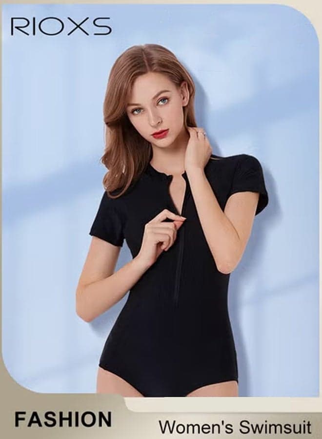 Women's One-piece Rash Guard Swimsuit, UV Protecion Zip Up Modest Swimwear, Fashionable Short Sleeve Front Zipper Swimwear Bathing Suit Made of Efficient Quick-drying and High-density Fabric, Stretch Comfortable Surfing Short Sleeve Swimwear Suitable for Surfing, Diving, Swimming or Beach activities