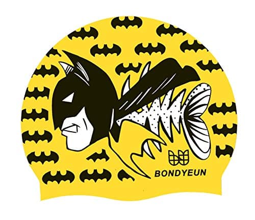 BONDYUEN Swim Cap Fit Kids Boys Girls Men Women with Short or Medium Hair Fun Cute Design Patterns Silicone Swimming Caps (Yellow/bat)