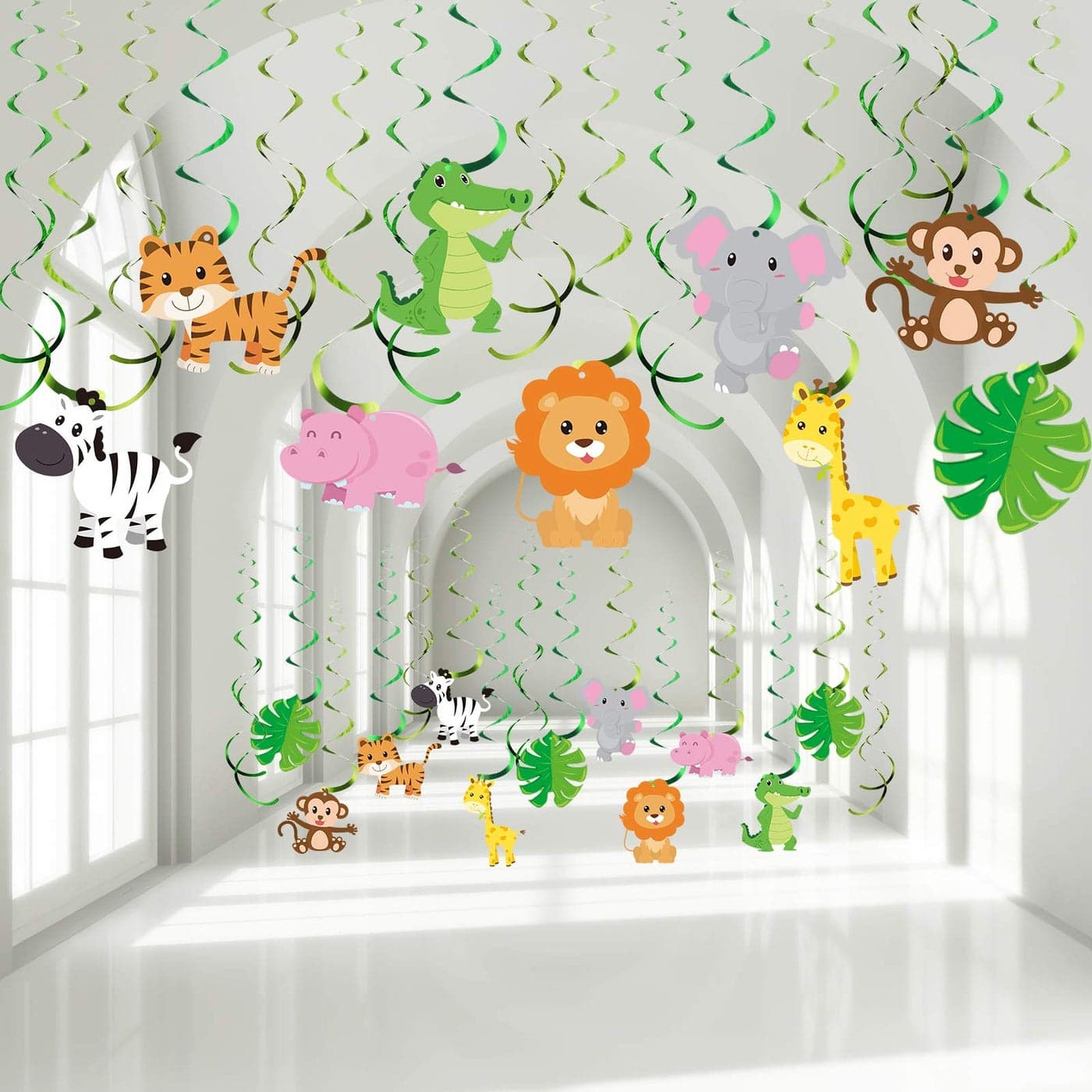 Blulu 30 Count Jungle Safari Animals Decorations Jungle Animals Hanging Swirl Forest Theme Foil Swirls Ceiling for Safari Birthday Decorations Forest Party Baby Shower Supplies